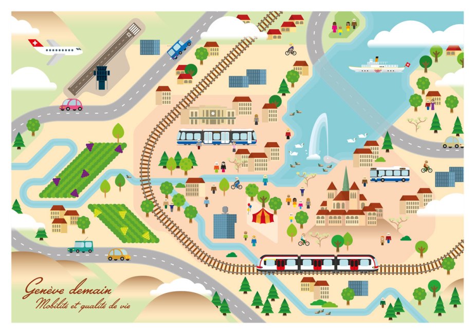 Carte illustrée du canton de Genève faisant apparaitre de nombreux moyens de transports tel qu'un bus, un tram, un bateau, un train et plusieurs voitures.
