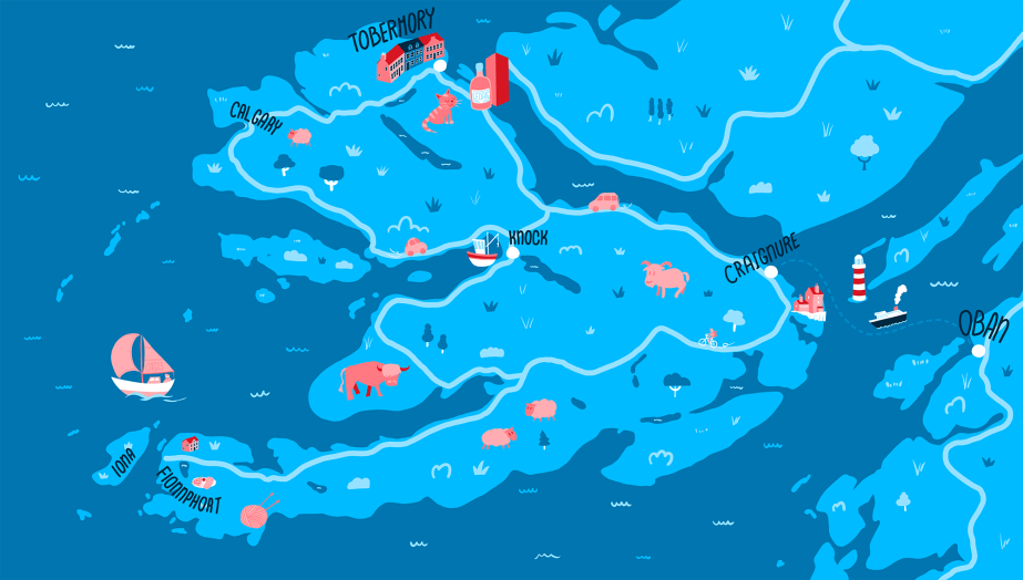 Carte illustrée de l'île de Mull utilisant des teintes de bleu ainsi qu'un peu de rouge pour les décors.